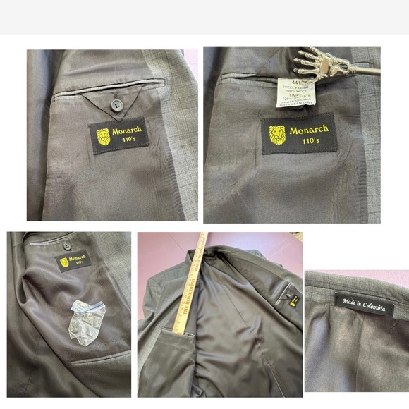 Monarch 110's 100% Wool Men Gray Plaid Suit Jacket Blazer Trousers Pants Set 44L - Picture 15 of 16